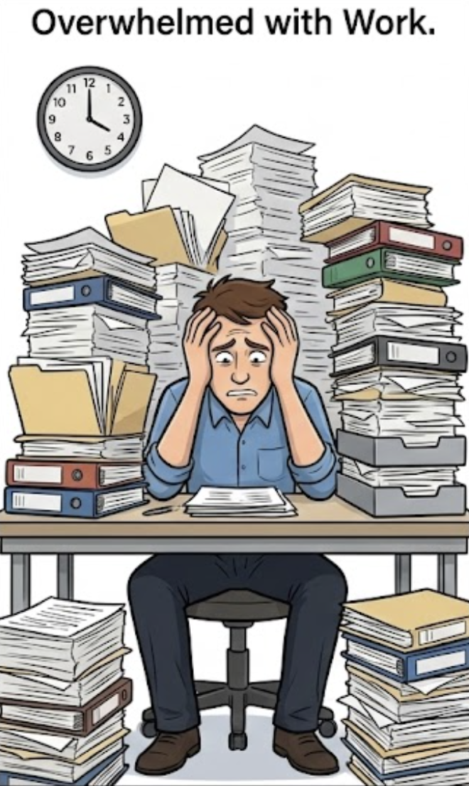Overwhelmed with work - person stressed with piles of paperwork